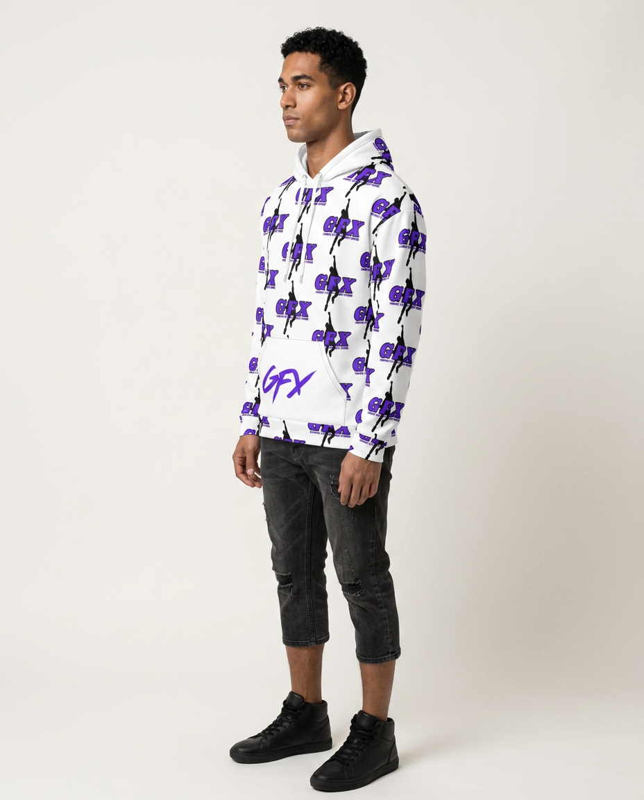 Generated by Modelfy for GFX SIGNATURE LOGO (WHT/VI) (AOP) MENS Unisex Hoodie